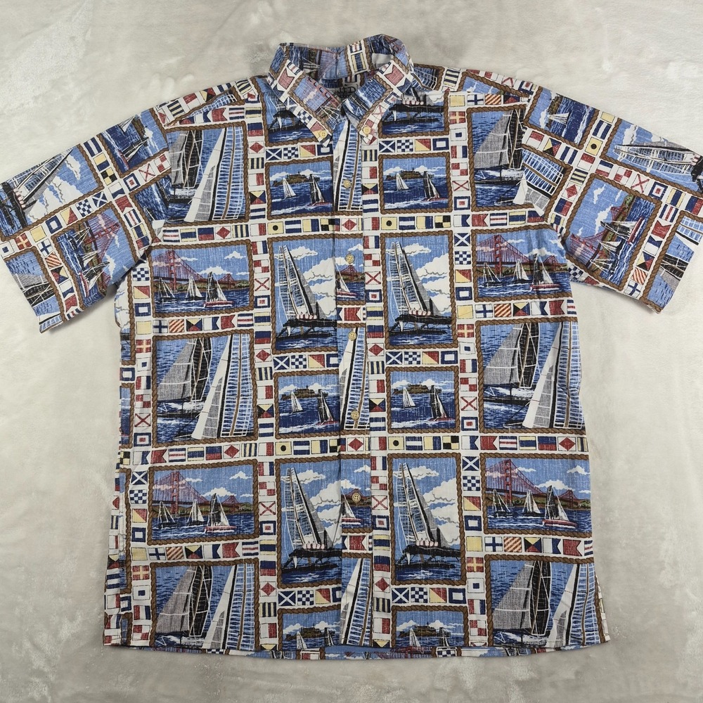 Reyn Spooner Button Down Shirt Men's XL Hawaiian Aloha Boat Flags Sailoring